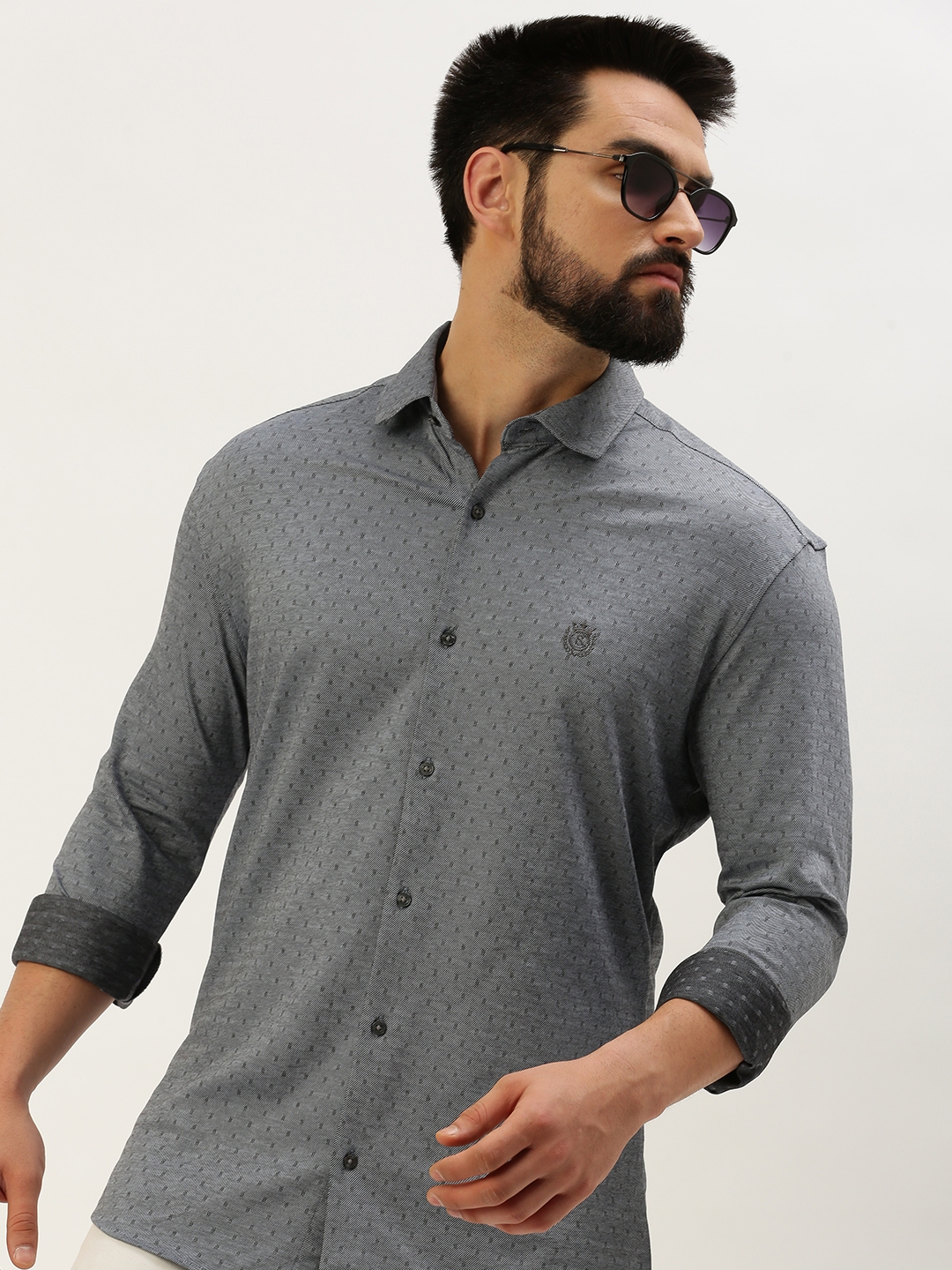 SHOWOFF Men's Spread Collar Self Design Grey Regular Fit Shirt