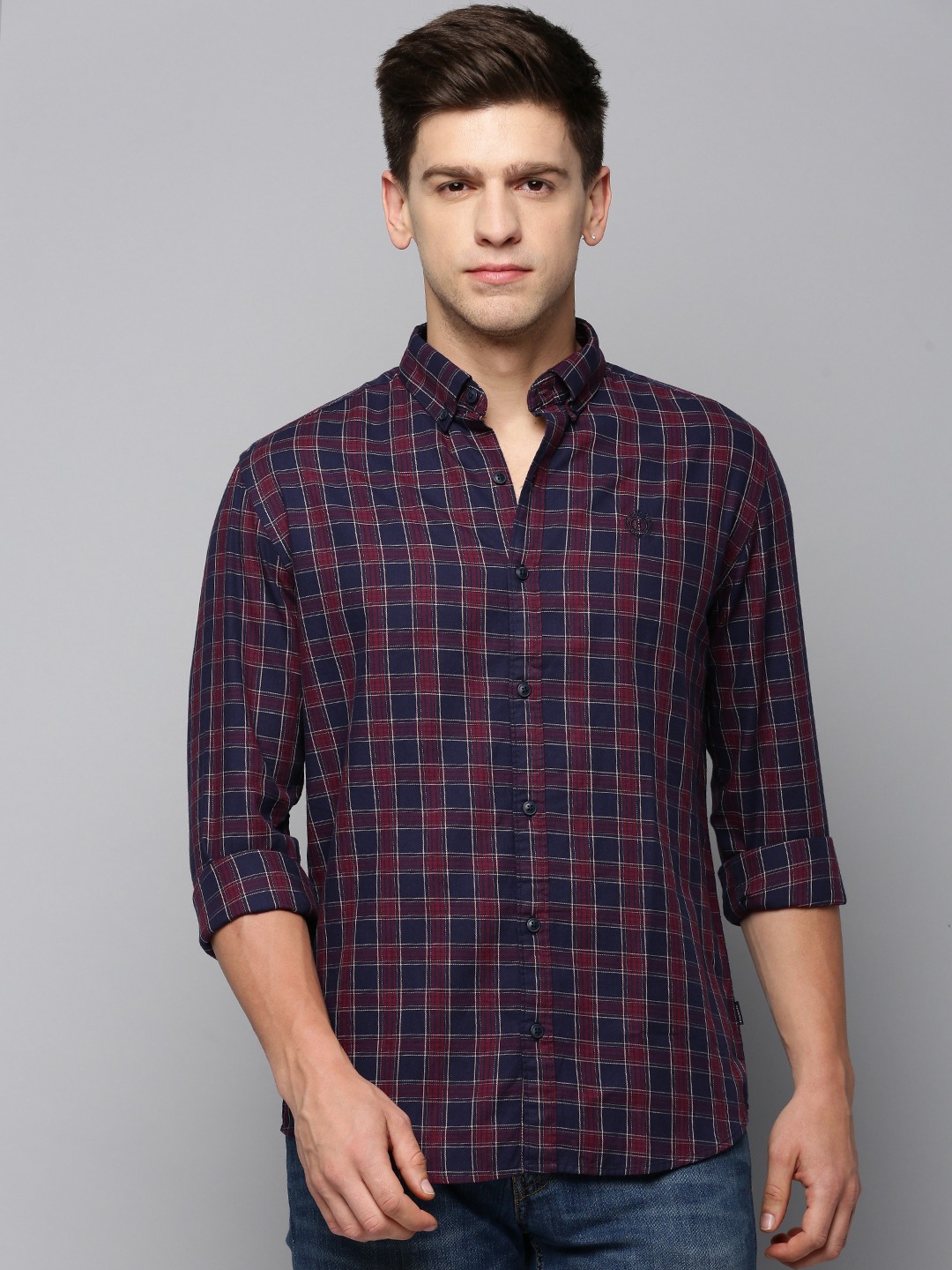 SHOWOFF Men's Spread Collar Long Sleeves Checked Navy Blue Shirt