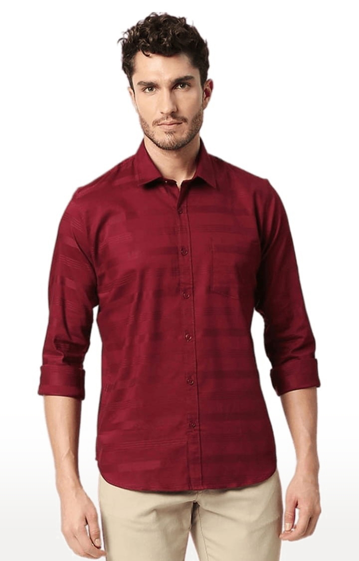 SOLEMIO | Men's Red Cotton Striped Casual Shirt