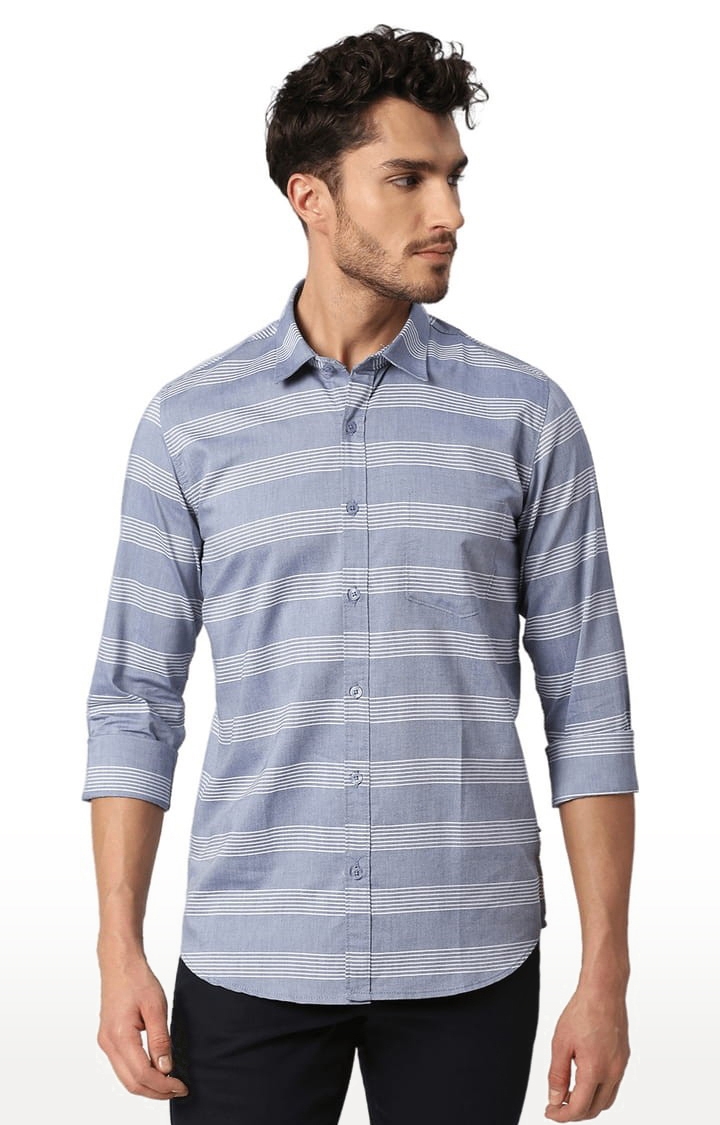 SOLEMIO | Men's Blue Cotton Striped Casual Shirt