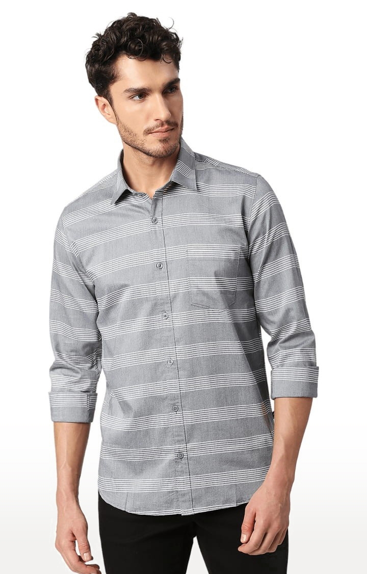 SOLEMIO | Men's Grey Cotton Striped Casual Shirt