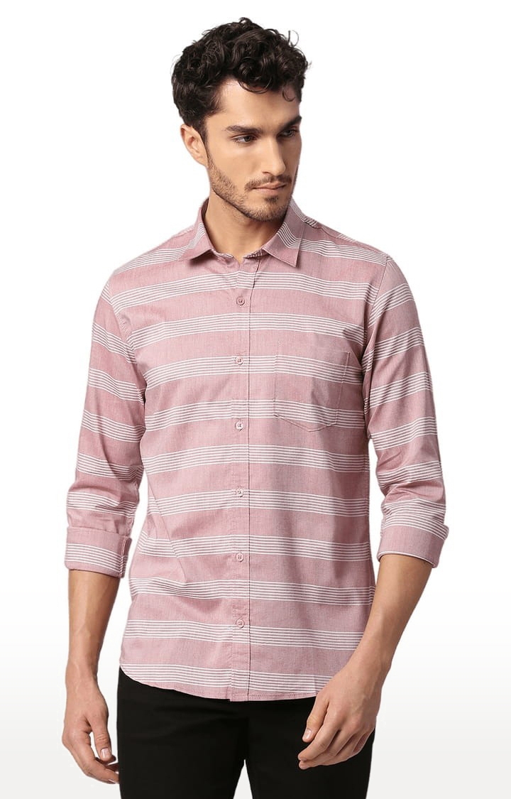 SOLEMIO | Men's Pink Cotton Striped Casual Shirt