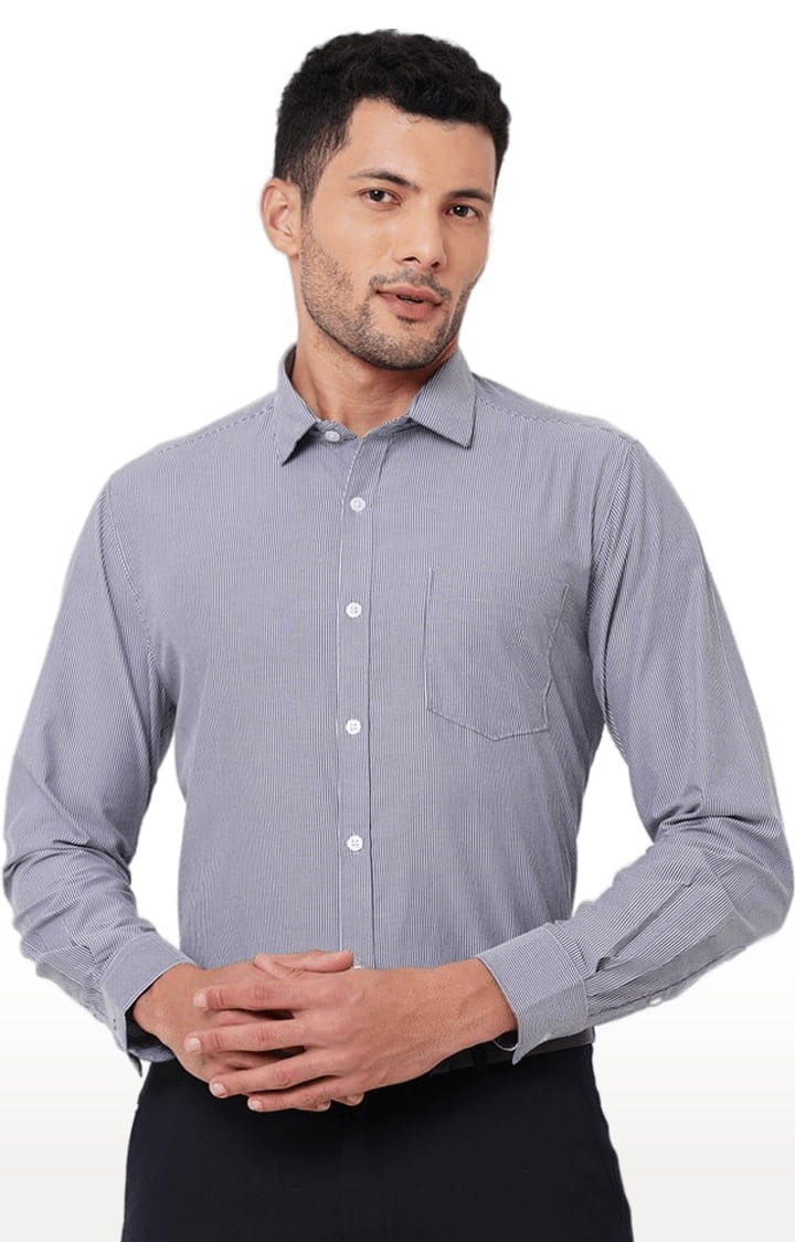 Men's Grey Polyester Striped Formal Shirt