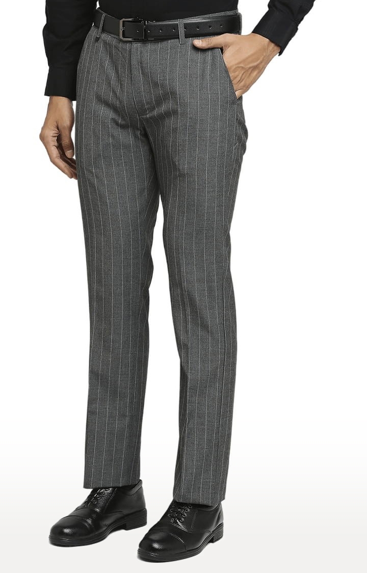 SOLEMIO | Men's Grey Polyester Striped Formal Trousers