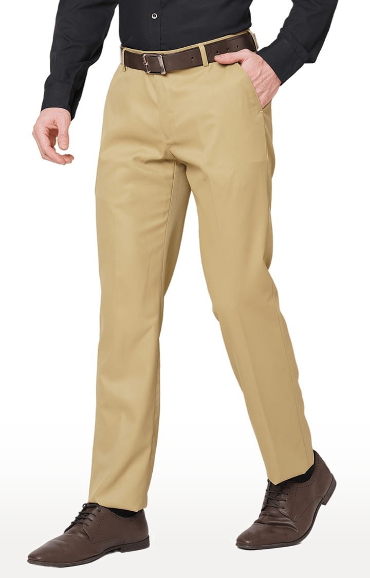 Men's Beige Polyester Solid Flat Front Formal Trousers