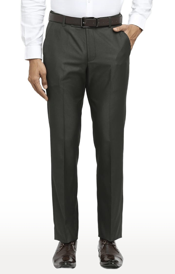 Men's Green Polyester Solid Formal Trousers