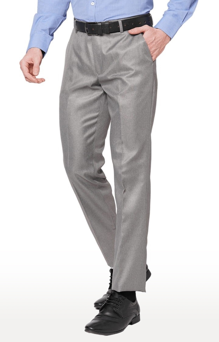 Men's Grey Polyester Solid Flat Front Formal Trousers