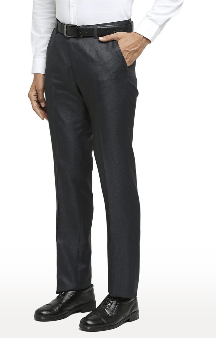 Men's Black Polyester Solid Formal Trousers