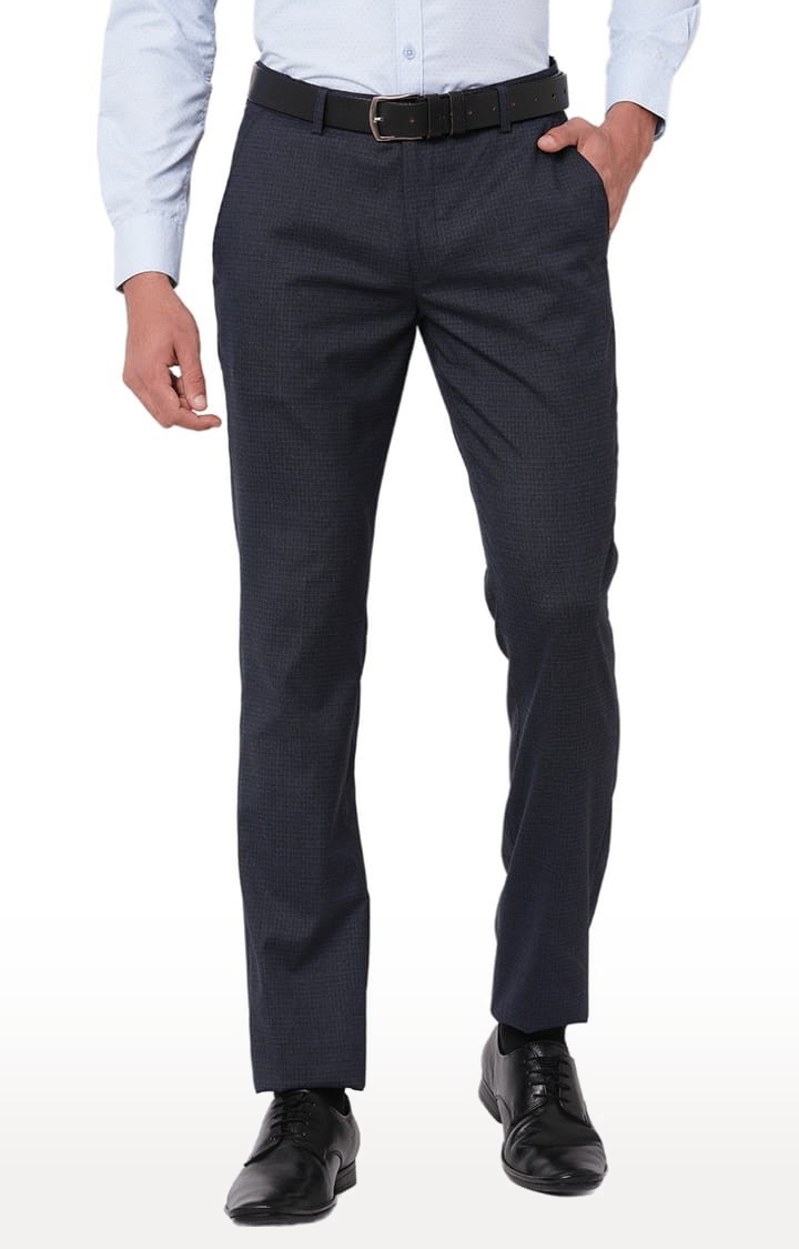 SOLEMIO | Men's Blue Polyester Checked Formal Trousers