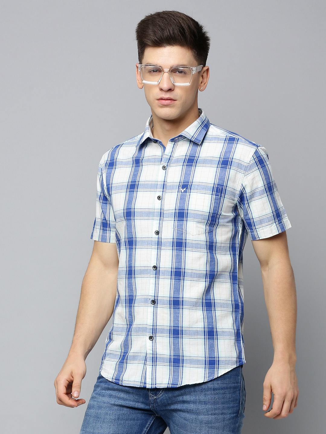 SHOWOFF Men's Spread Collar Checked Blue Regular Fit Shirt