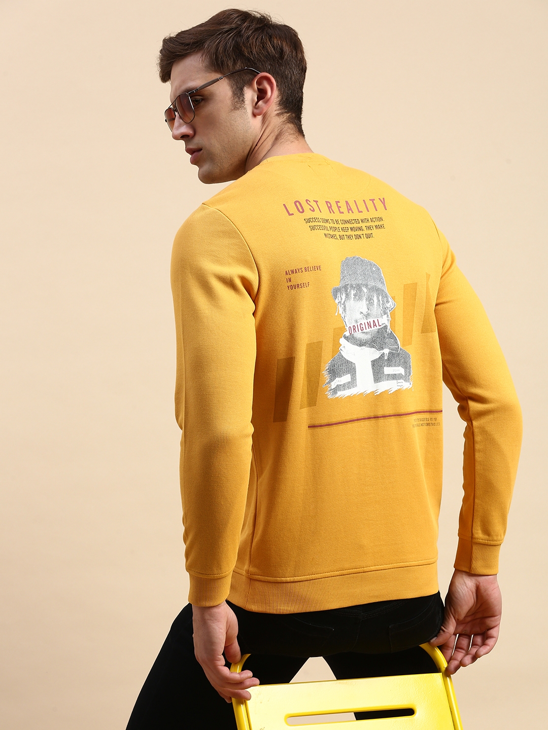 SHOWOFF Men's Round Neck Printed Yellow Pullover Sweatshirt