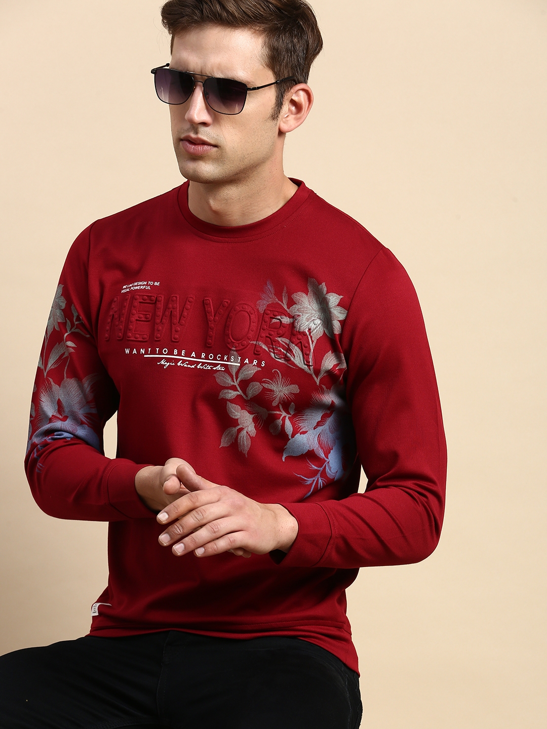 SHOWOFF Men's Round Neck Printed Maroon Pullover Sweatshirt