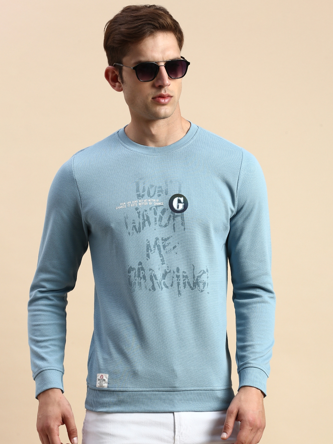 SHOWOFF Men's Round Neck Printed Blue Pullover Sweatshirt