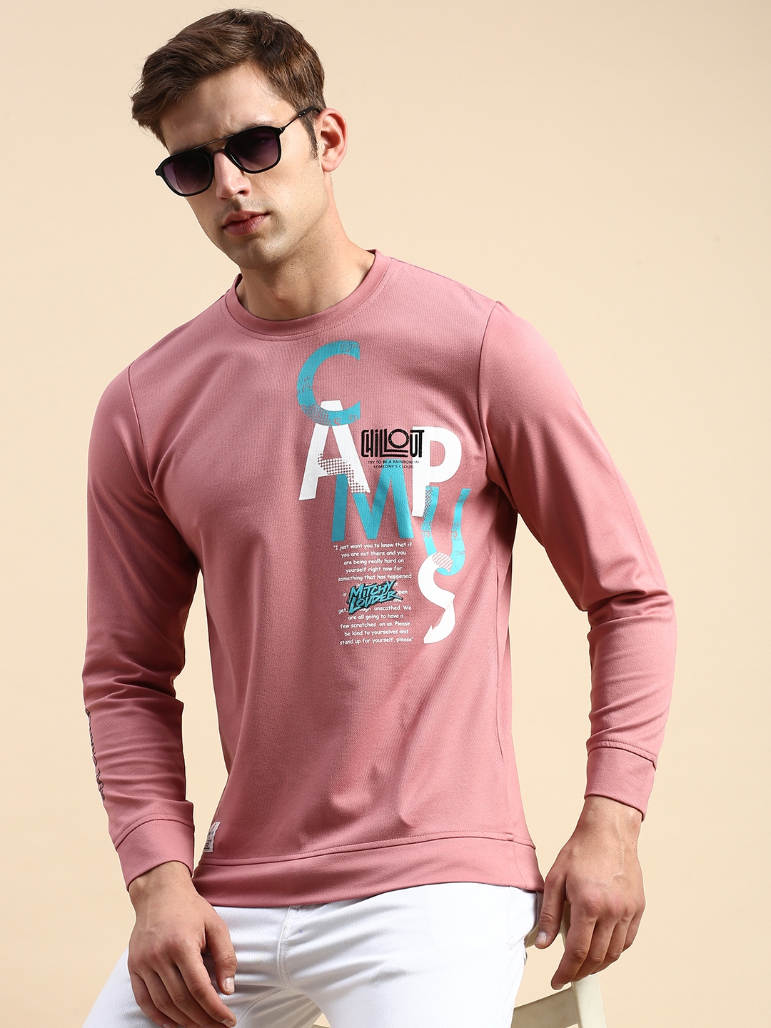 SHOWOFF Men's Round Neck Printed Pink Pullover Sweatshirt