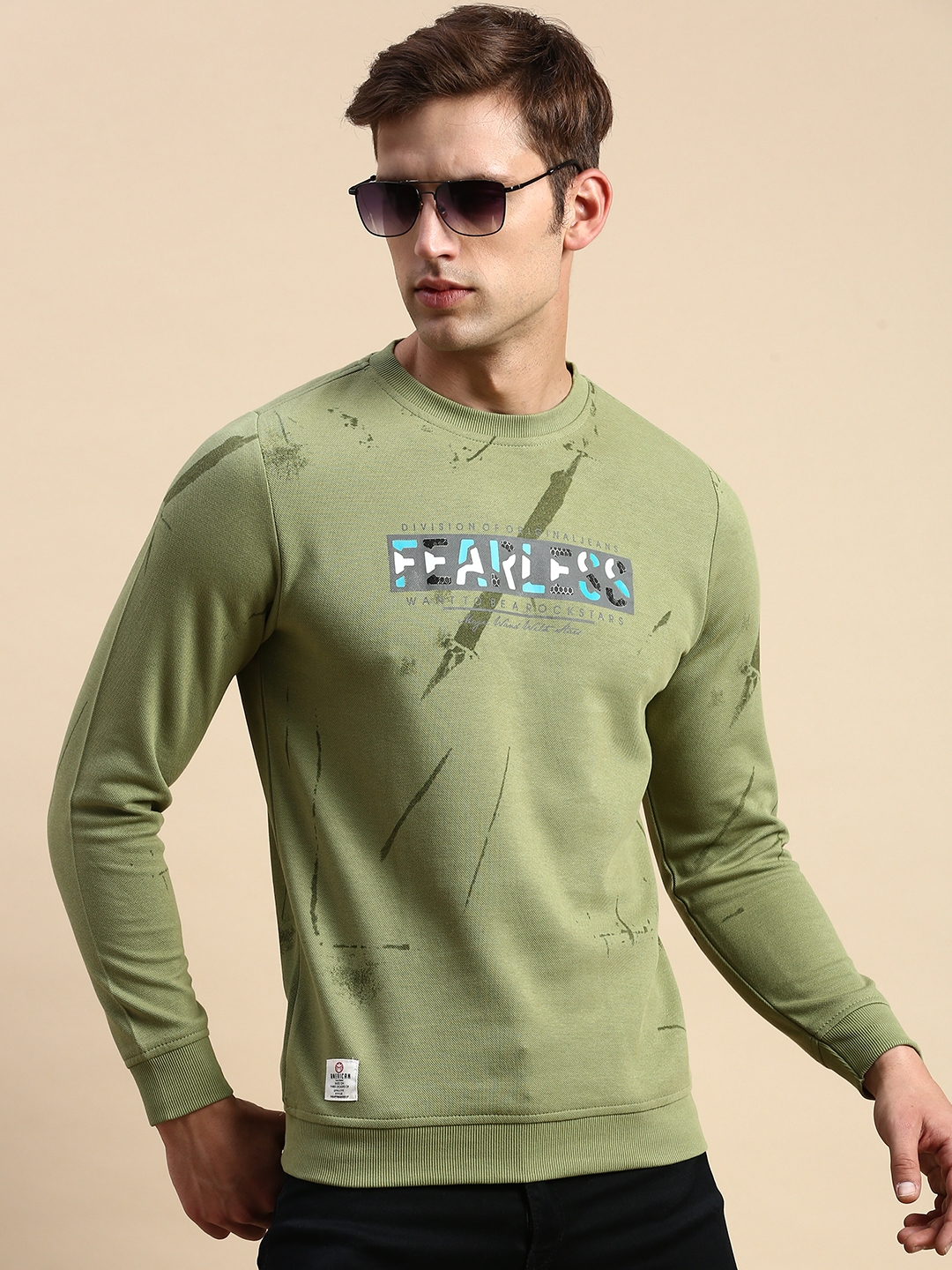 SHOWOFF Men's Round Neck Printed Green Pullover Sweatshirt