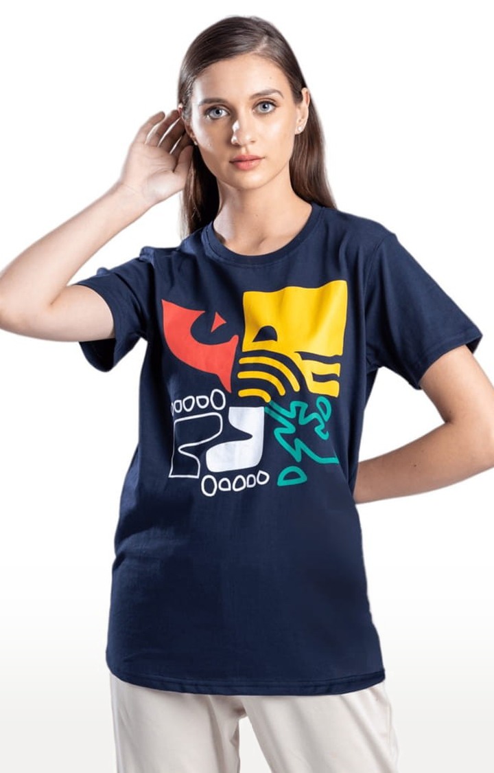 One For Blue | Unisex Blue Printed Cotton Regular T-Shirt