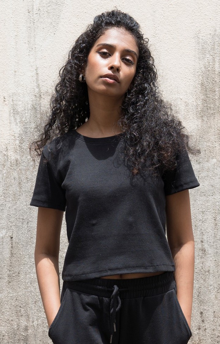 One For Blue | Unisex Black Solid Cotton Crop Top