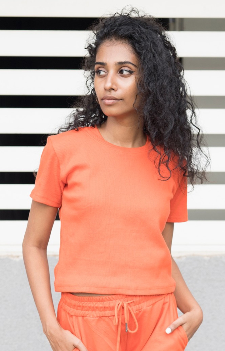 One For Blue | Women's Orange Solid Cotton Crop Top