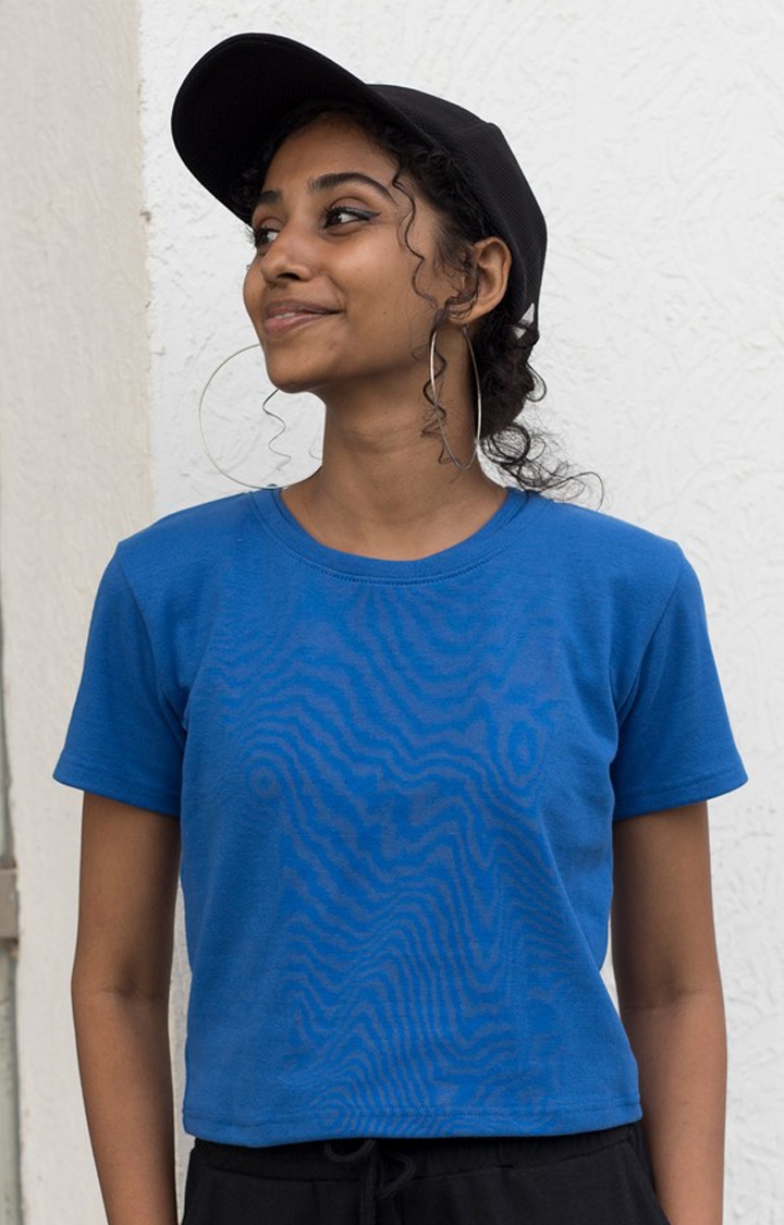 One For Blue | Women's Blue Solid Cotton Crop Top