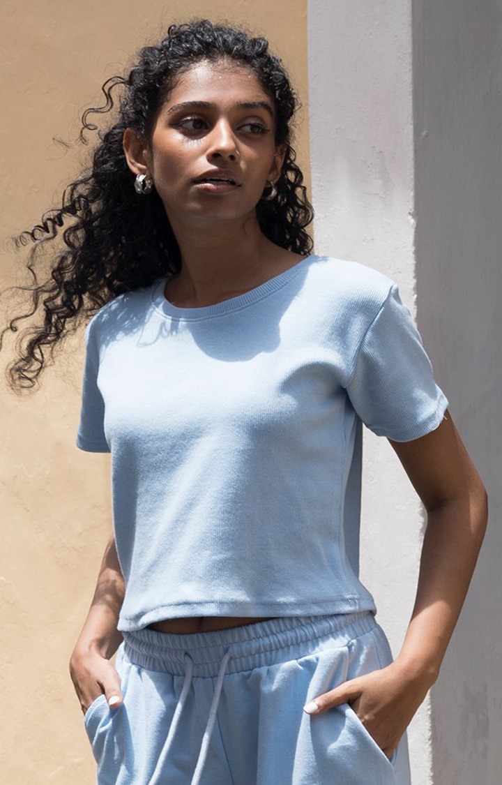 One For Blue | Women's Blue Solid Cotton Crop Top