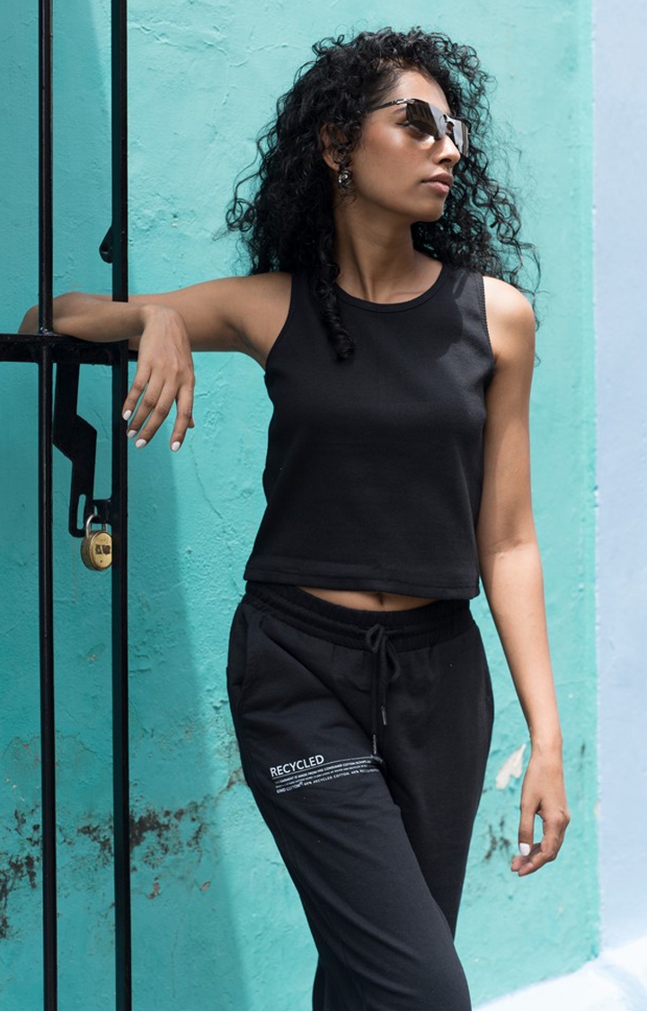 One For Blue | Women's Black Solid Cotton Tank Top