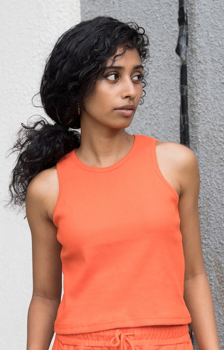 One For Blue | Women's Orange Solid Cotton Tank Top