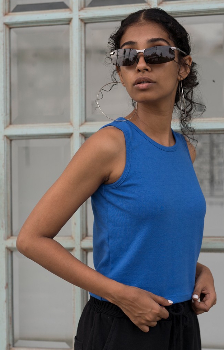 One For Blue | Women's Blue Solid Cotton Tank Top
