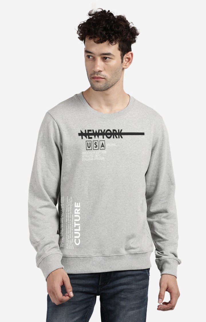 Men's Round Neck Grey Typographic Sweatshirt