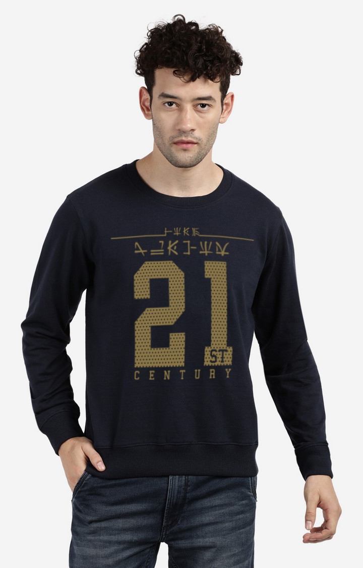 BLACK RADIO | Men's Round Neck Typographic Navy Sweatshirt