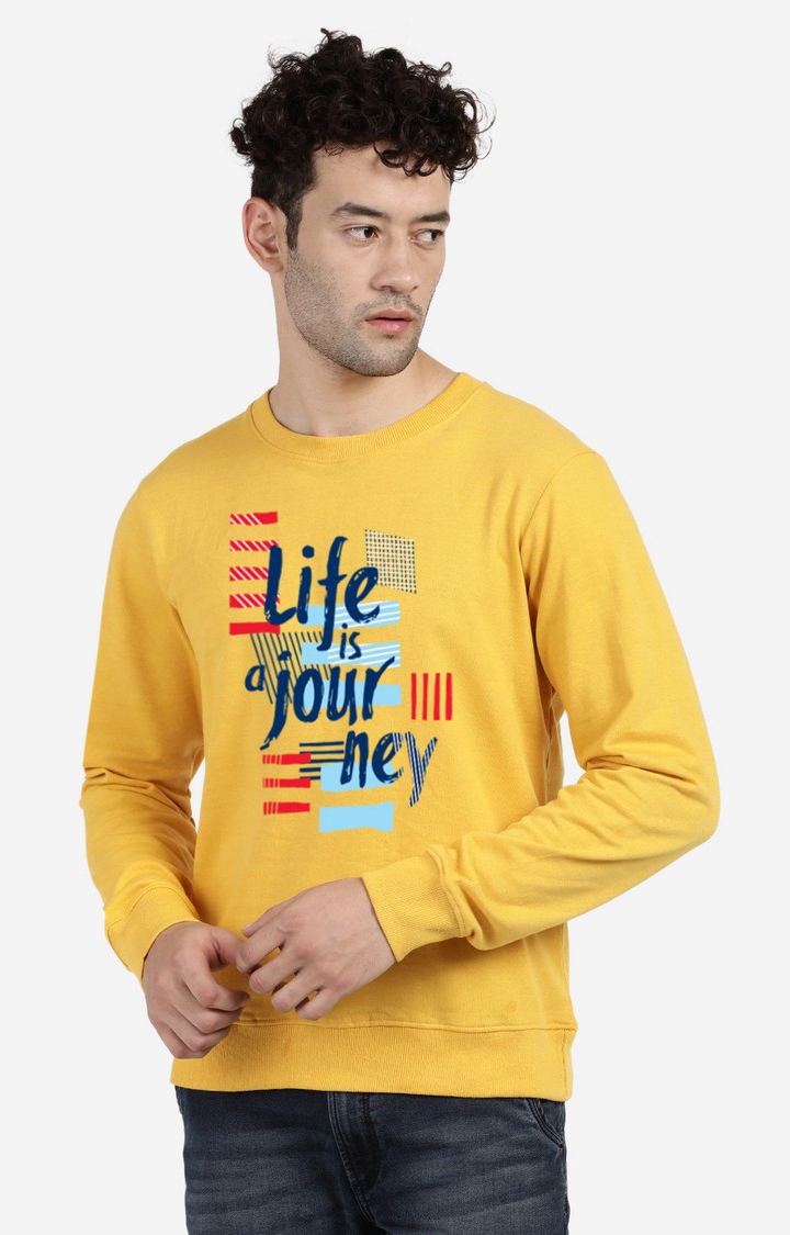 Men's Round Neck Typographic Yellow Sweatshirt