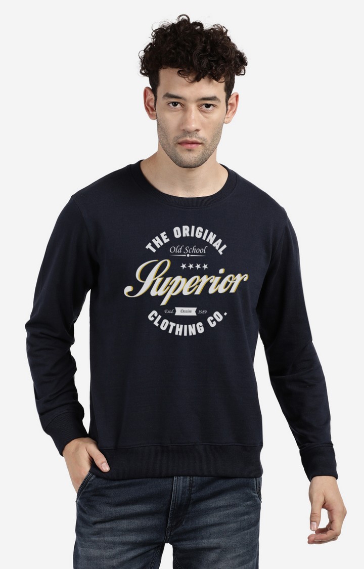 BLACK RADIO | Men's Round Neck Typographic Navy Sweatshirt