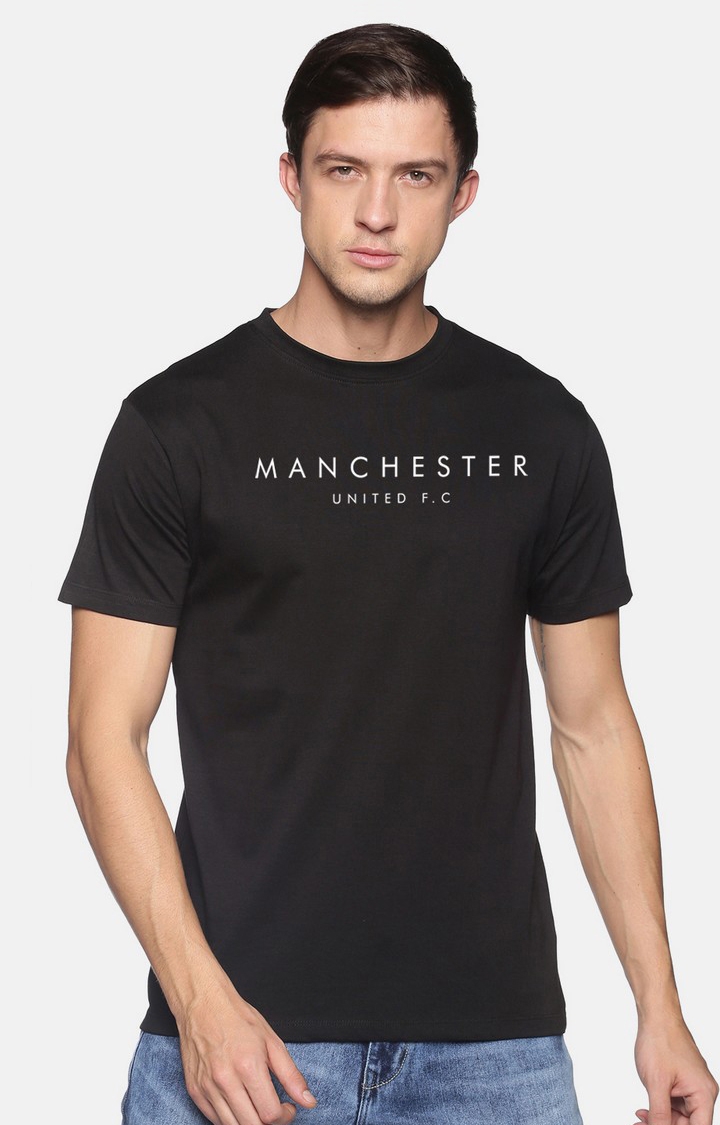 Men's Round Neck Typographic  Black  Regular T-shirt