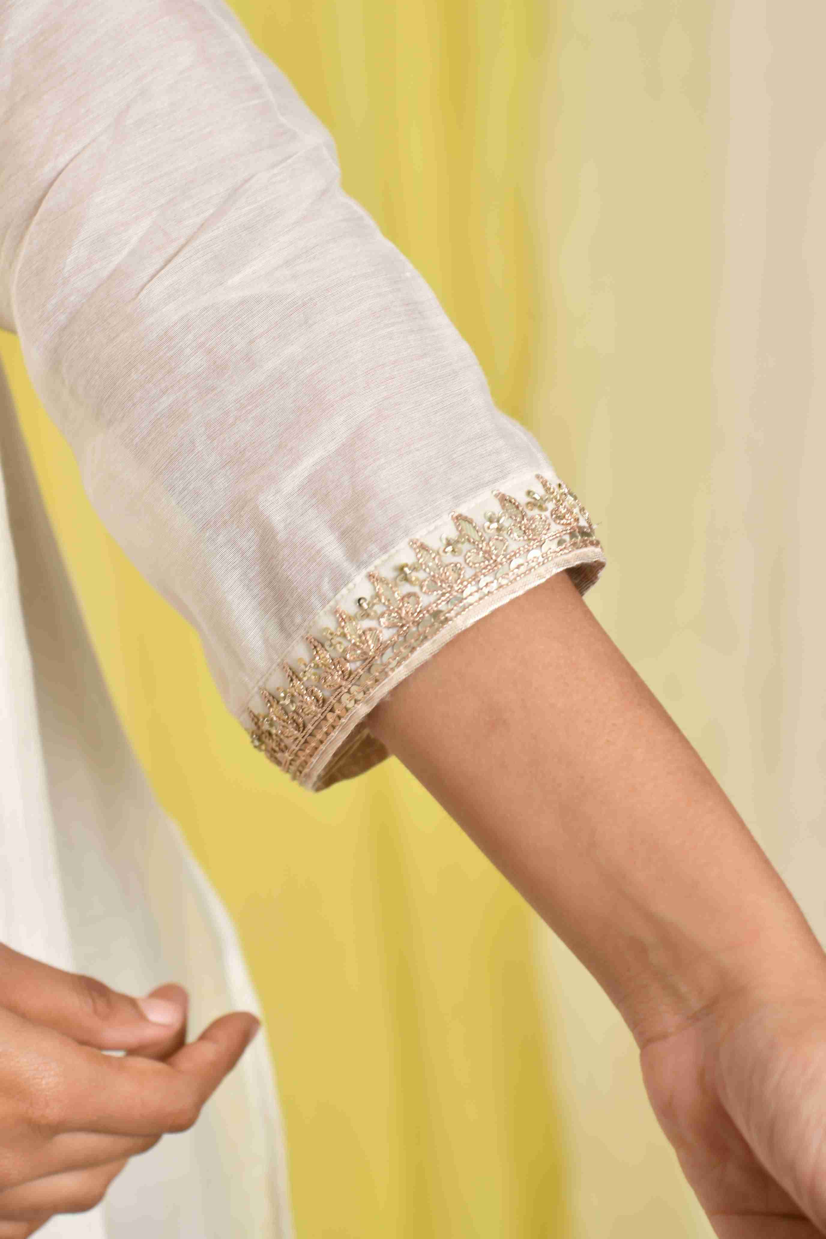White V-Neck Chanderi Dress With Side Slit & Pleats