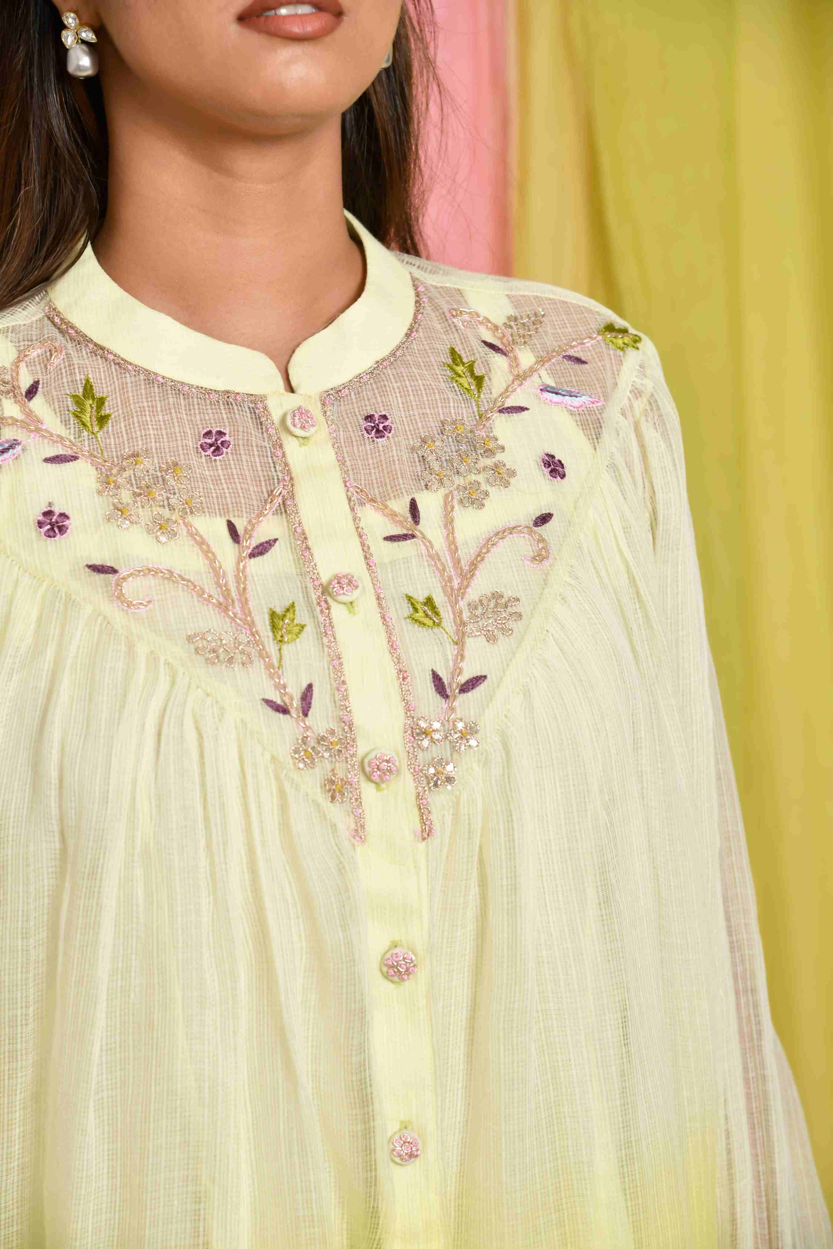Lime Green Short Kota Doriya Shaded Top With Embroidery On the yoke