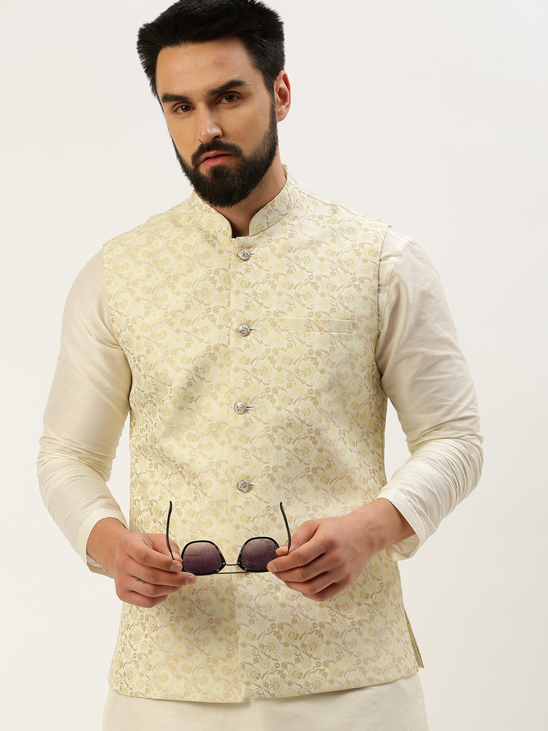 SHOWOFF Men's Woven Design Mandarin Collar Cream Nehru Jacket