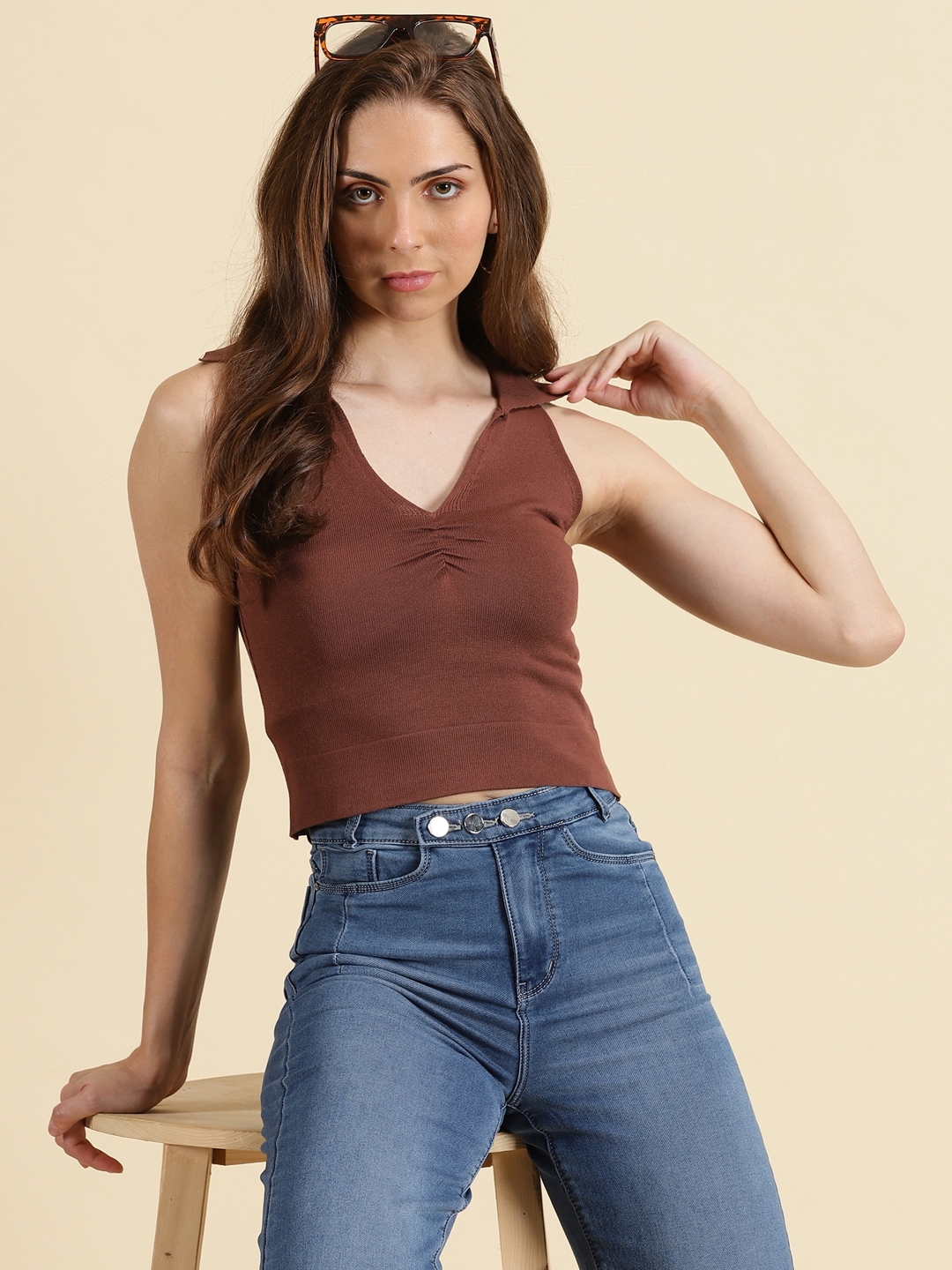 SHOWOFF Women's Above the Keyboard Collar Solid Coffee Brown Fitted Crop Top