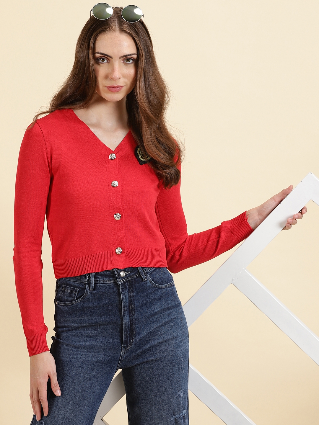 SHOWOFF Women's V-Neck Solid Red Front-Open Sweater