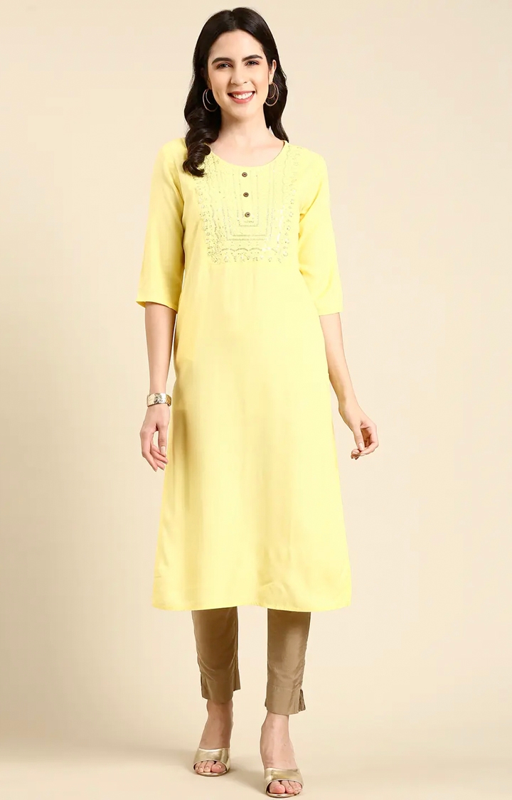 SHOWOFF Women's Mid Length Embellished Straight Yellow Kurta