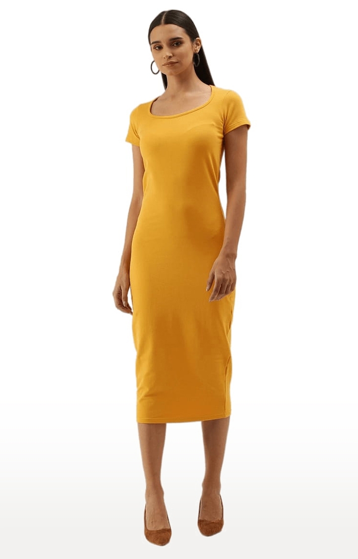 Women's Yellow Cotton Blend Solid Bodycon Dress