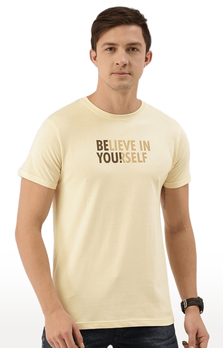 Men's Yellow Cotton Typographic Printed  T-Shirts