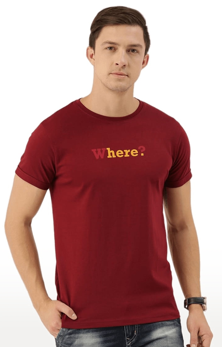Men's Red Cotton Typographic Printed  T-Shirts