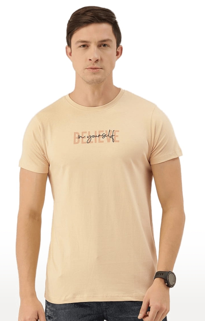 Men's Beige Cotton Typographic Printed  T-Shirts
