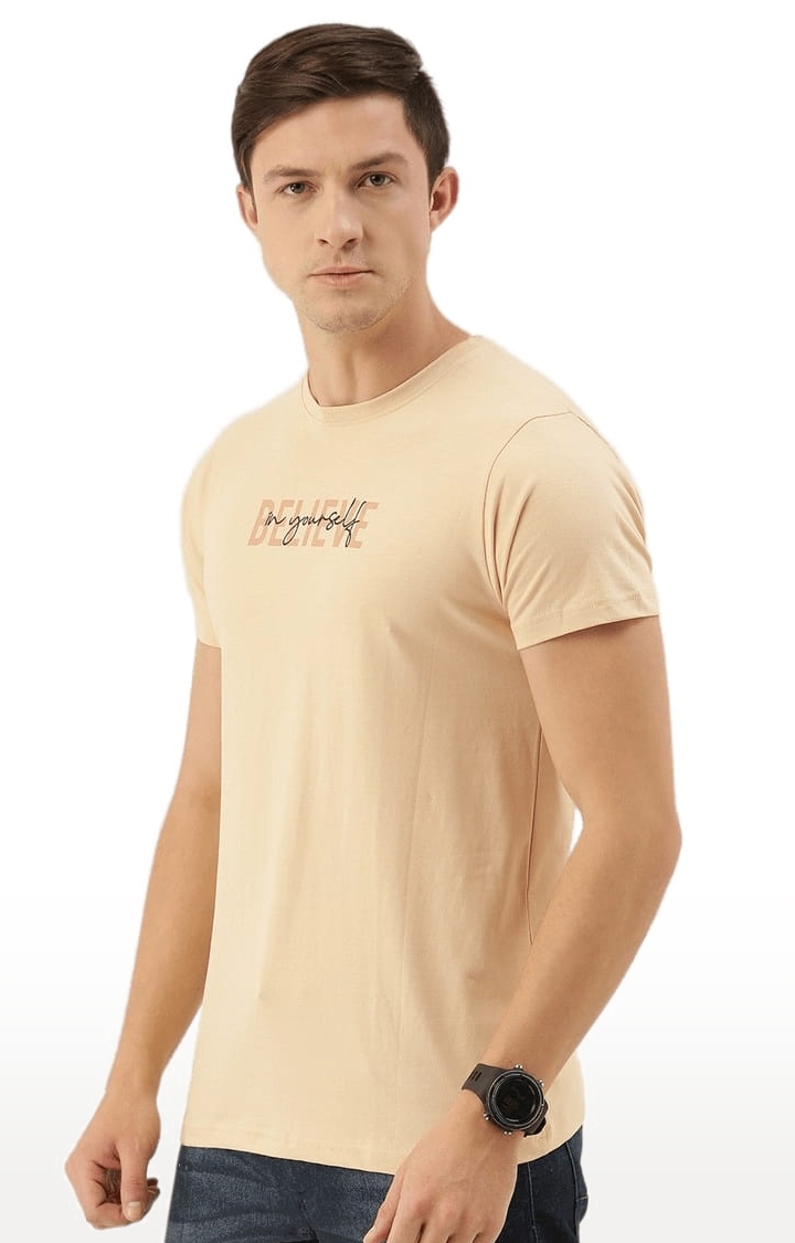 Men's Beige Cotton Typographic Printed Regular T-Shirt