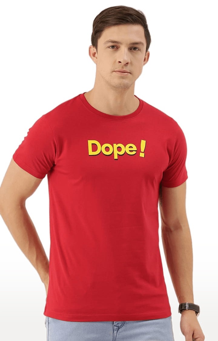 Men's Red Cotton Typographic Printed Regular T-Shirt
