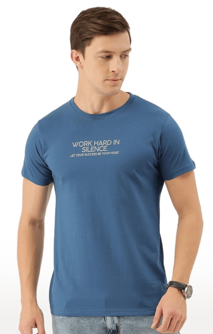 Men's Blue Cotton Typographic Printed  T-Shirts