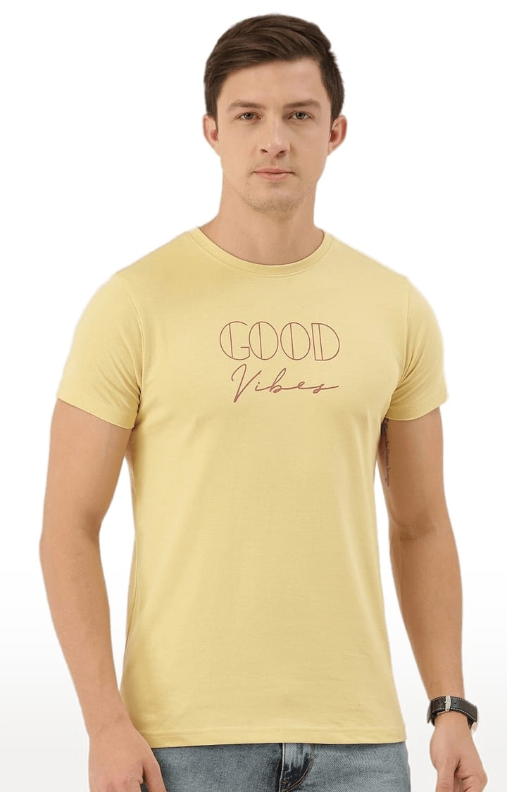 Men's Yellow Cotton Typographic Printed  T-Shirts