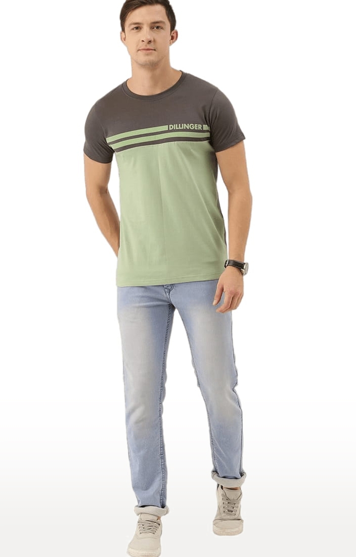 Men's Green & Grey Cotton Colourblocked Regular T-Shirt