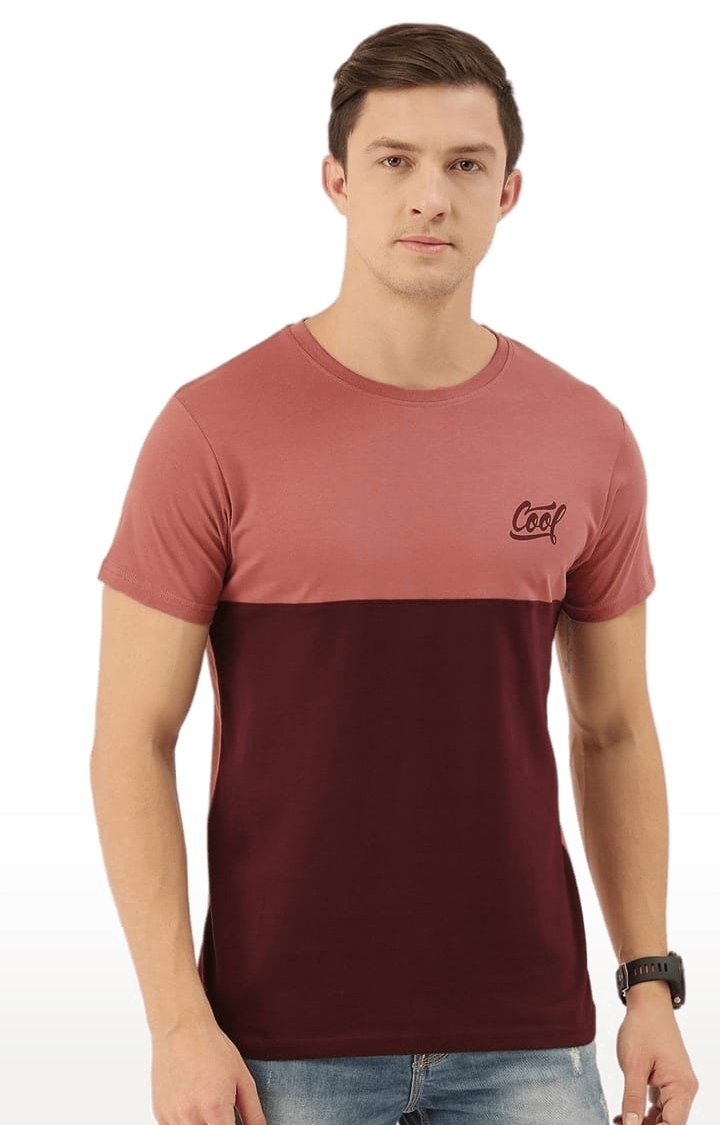 Men's Pink Cotton Colourblocked Regular T-Shirt