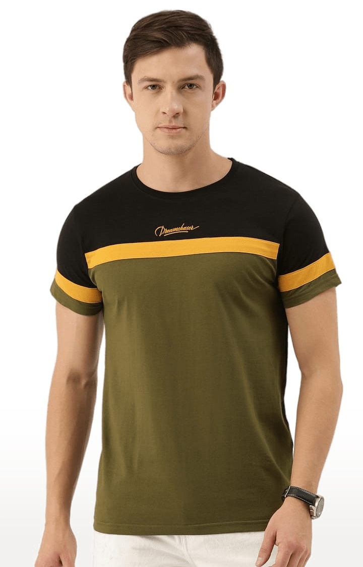 Men's Green and Black Cotton Colourblock T-Shirts
