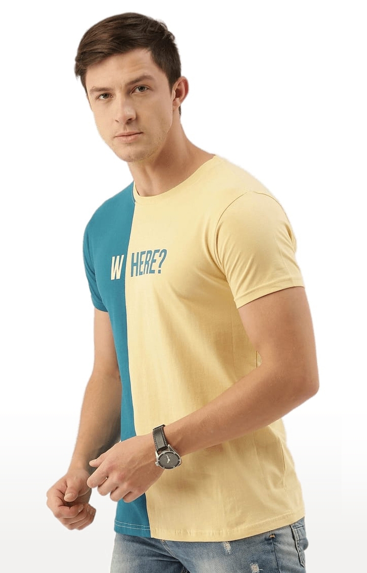 Men's Blue & Beige Cotton Colourblocked Regular T-Shirt